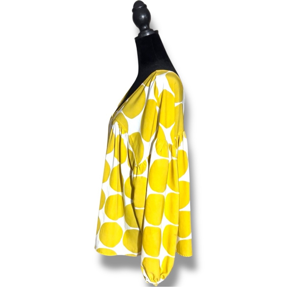 Ces Femme Yellow and White Long Balloon Sleeve Lightweight Flowy V-Neck Blouse - Picture 5 of 16